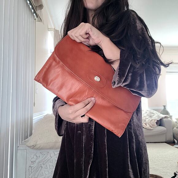 Vtg Leather Clutch Orange With Embellished Flower - Picture 1 of 8